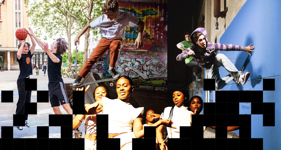 Collage van beelden van urban sports zoals 3x3 basketbal, parkour, skate en urban dance